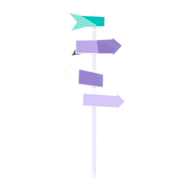 Drawing: a pale lavender signpost with four arrow boards, one teal and three violet, pointing left and right