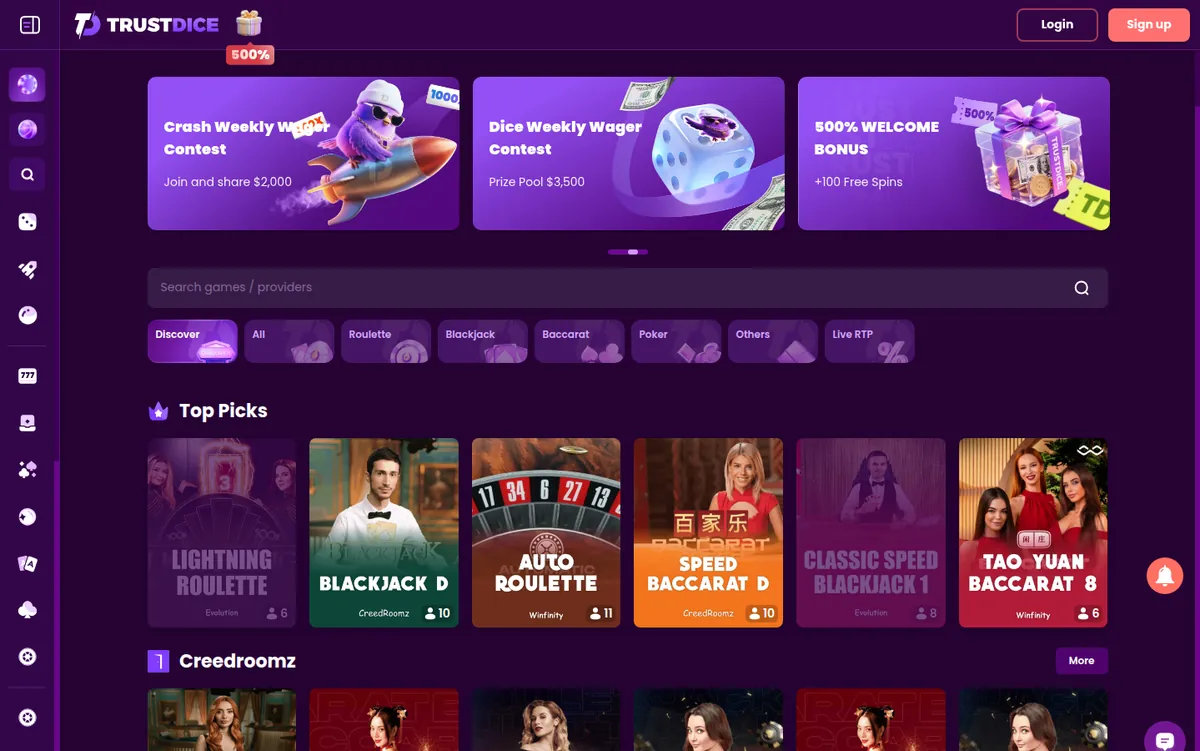 TrustDice’s live casino lobby with roulette, blackjack and baccarat tables from Evolution, CreedRoomz and Winfinity