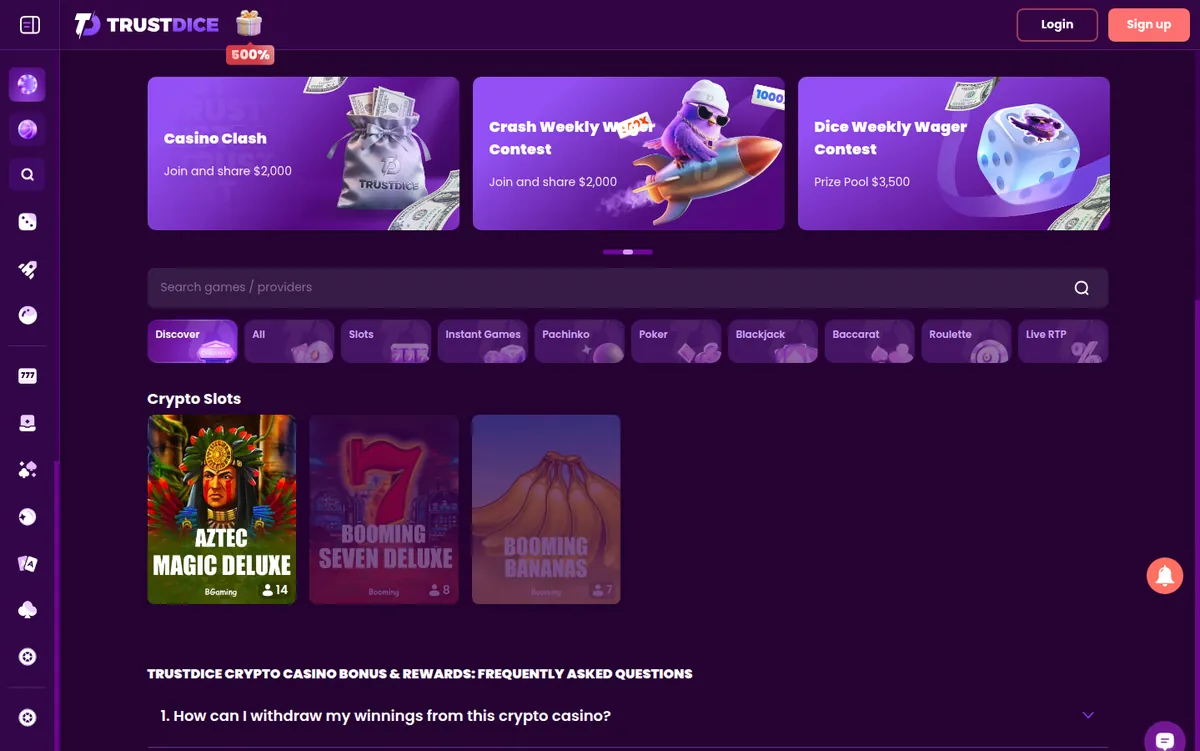 TrustDice’s slots lobby with filters from slots and instant games to pachinko and a Live RTP tab