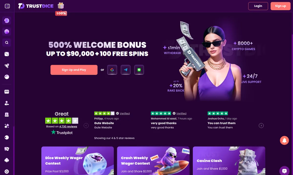 TrustDice’s front page with a welcome banner of 500% up to $90,000 and 100 free spins