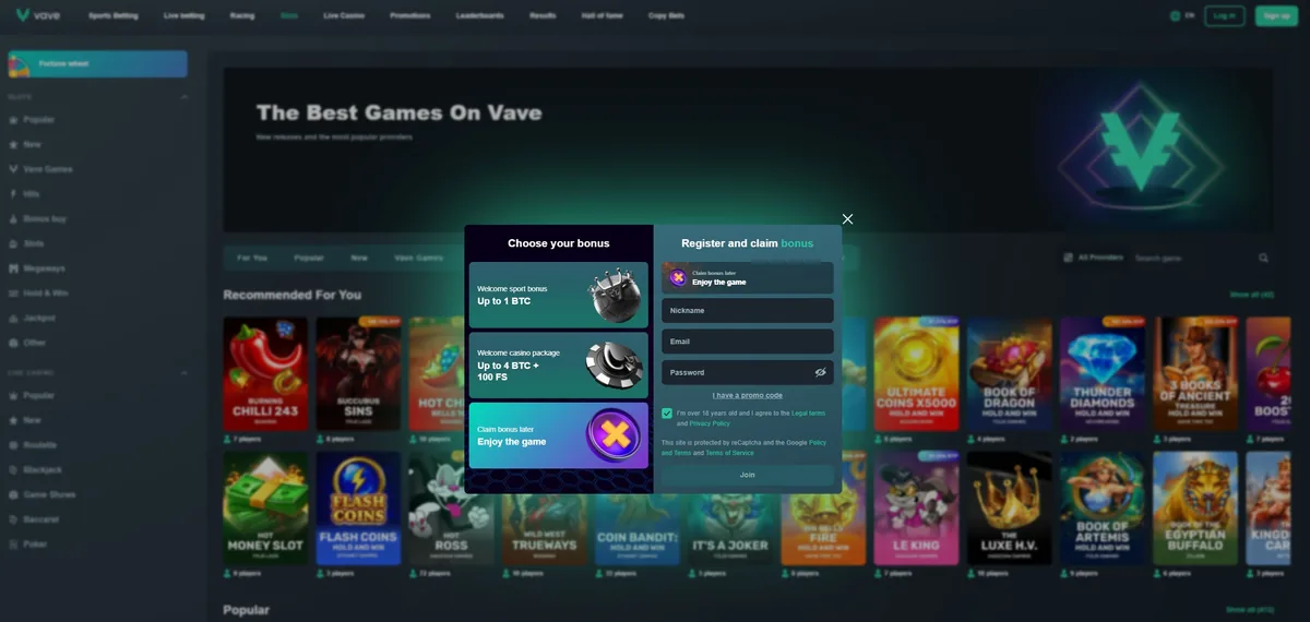Vave’s lobby with Sports Betting, Live betting and Racing tabs across the top and a sign-up window offering a sport bonus or a casino package