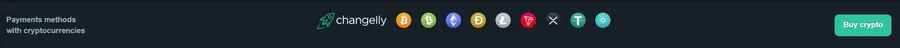 Vave’s payments strip with the Changelly logo, a row of coin icons and a Buy crypto button