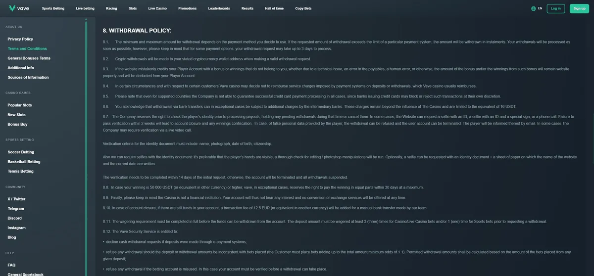 Section 8 of Vave’s terms, its withdrawal policy, shown in full